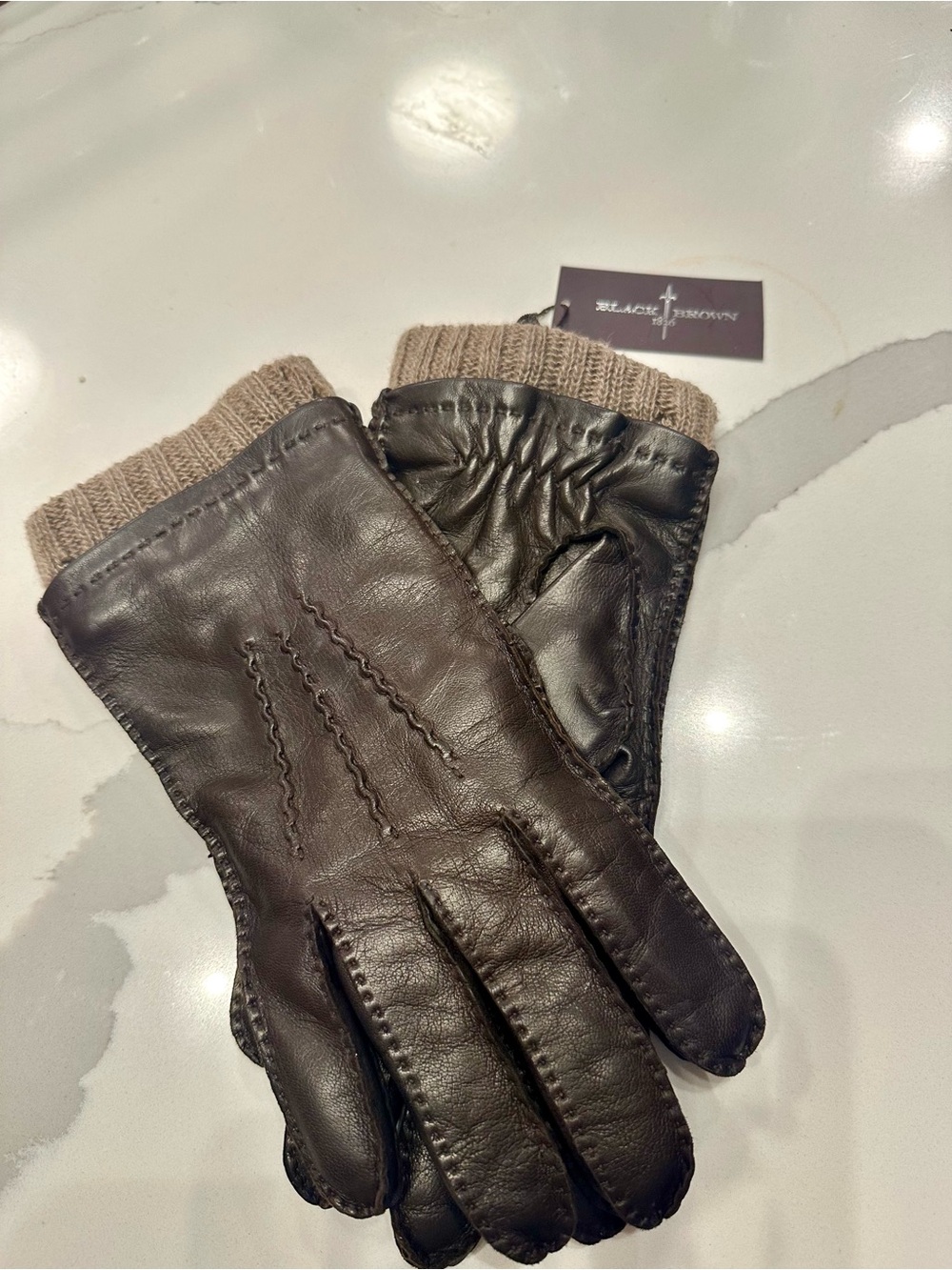 Black Brown Leather Knit-Cuff Men's Gloves
